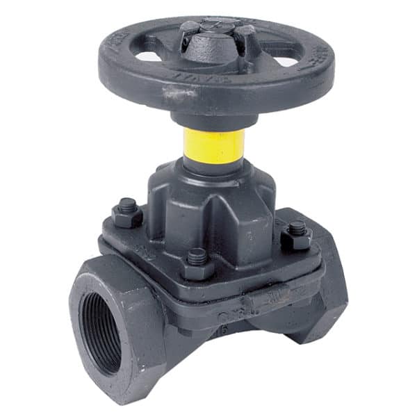 DIAPHRAGM VALVE Black industrial diaphragm valve with a handwheel and threaded pipe connections.