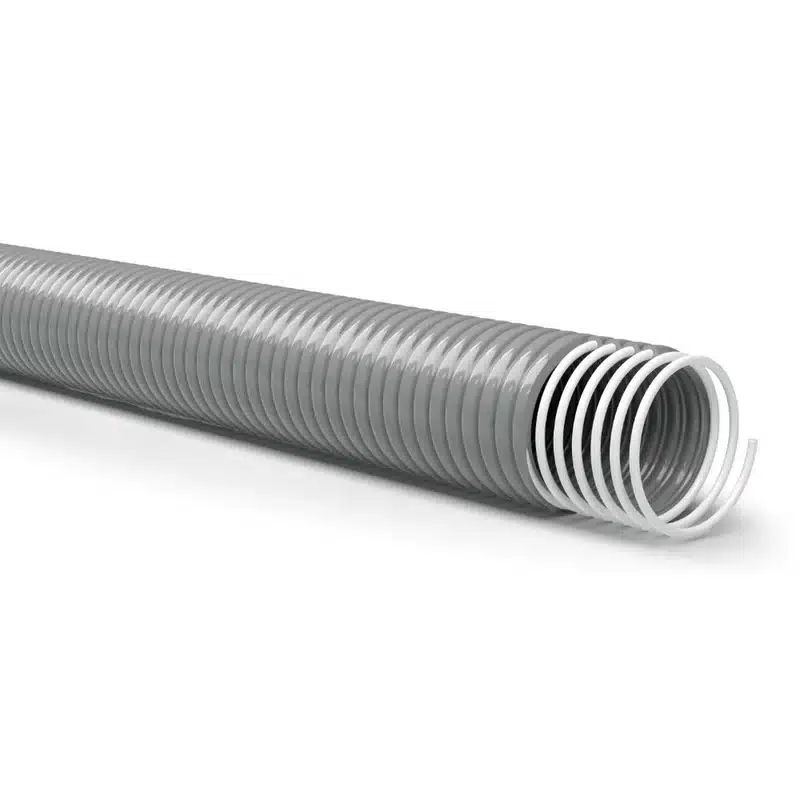 HEAVY DUTY S&d HOSE Gray heavy-duty corrugated hose with a spiral reinforcement, shown on a white background.