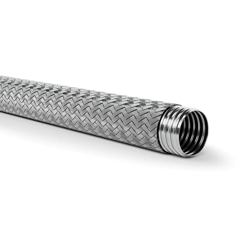 METALLIC HOSE A flexible, braided metallic hose with a threaded end on a white background.