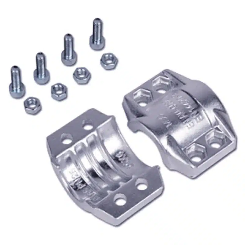 SAFETY CLAMPS Two metal safety clamps with bolts and nuts on a white background.