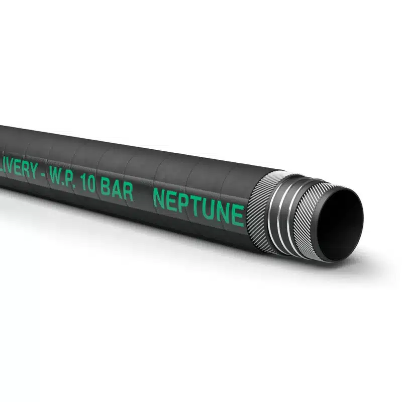 S&D HOSE Black industrial hose with "NEPTUNE" and pressure rating text in green.