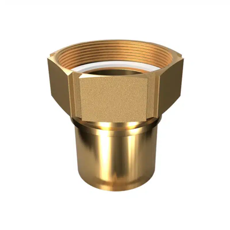 Smoothtail1 Brass plumbing fitting with a threaded hex nut and smooth cylindrical tail, isolated on a white background.