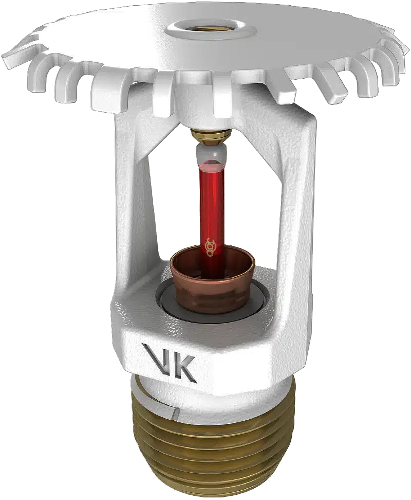 VK467.png Close-up of a fire sprinkler head with a metal frame and red glass bulb.